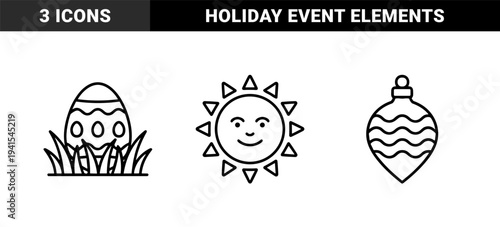Seasonal holiday and weather symbols featuring a smiling sun, decorated easter egg in grass, and a striped christmas bauble. Clean monolinear outlines for calendar and event planning.