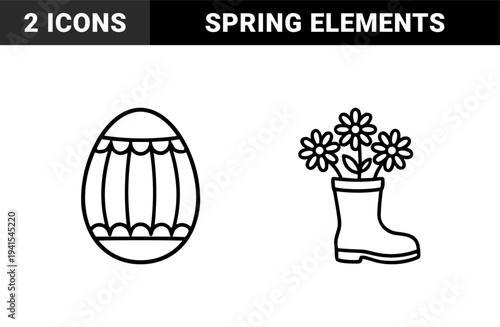 Spring celebration and seasonal gardening line art featuring a decorated easter egg and flowers in a rain boot. Minimalist monoline drawing for holiday crafts.