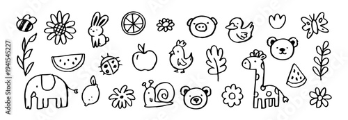 Animal and nature doodle vector illustration set of hand drawn icon flower collection