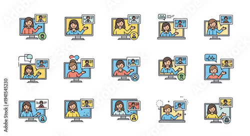 Digital Communication and Social Media Video Call Icons Set.
