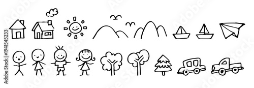 Community and family people vector illustration set of hand drawn house home and village doodle
