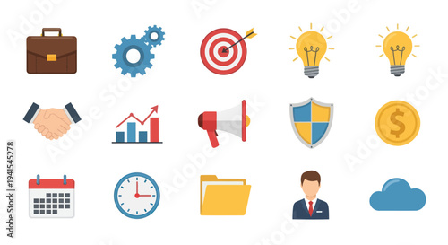 Collection of Business and Finance Icons Representing Success and Strategy.
