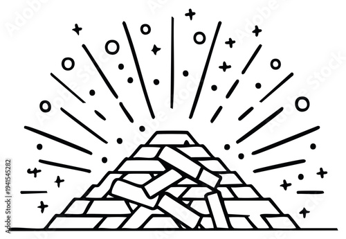 Abstract illustration of a pile of gold bricks with radiating lines and stars