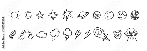 Space and weather icon vector illustration set with hand drawn planet star and space doodle