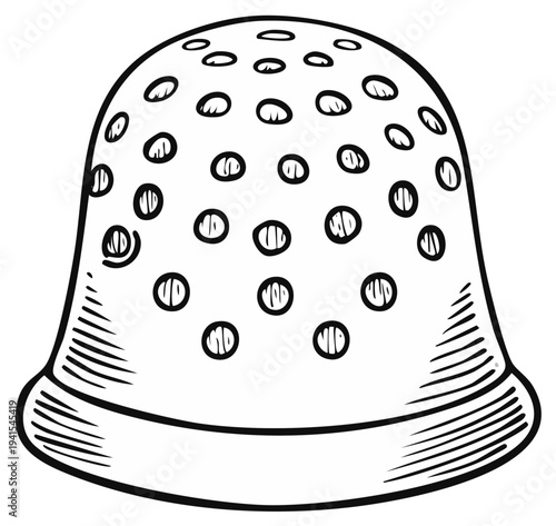 Thimble Illustration: Hand-Drawn Sewing Tool with Circular Indentations and Hatching