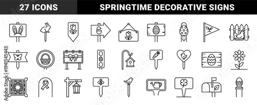 Spring garden markers and Easter celebration elements featuring seasonal ornaments. Linear monoline aesthetic with holiday flora, fauna, and backyard decorative signs.