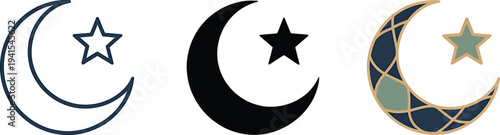 Crescent moon and star symbols with diverse designs for eid al-fitr or ramadan kareem