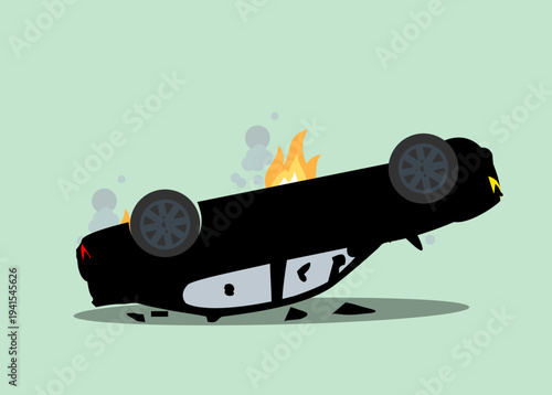 Black car overturned and burning fiercely after a serious road accident, depicting danger and destruction.
