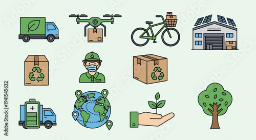 A colorful icon set representing eco-friendly delivery sustainable logistics and green shipping concepts.