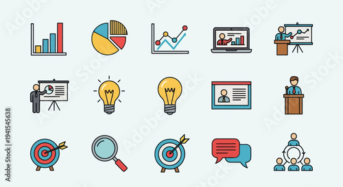 Colorful Business Analytics and Presentation Icons Set.