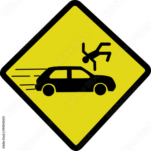 Warning sign depicting a car hitting a pedestrian, indicating a dangerous road section where accidents are common.