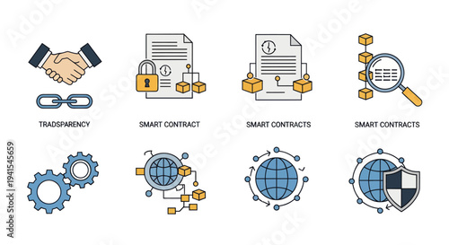 Digital Contract and Blockchain Technology Icons.