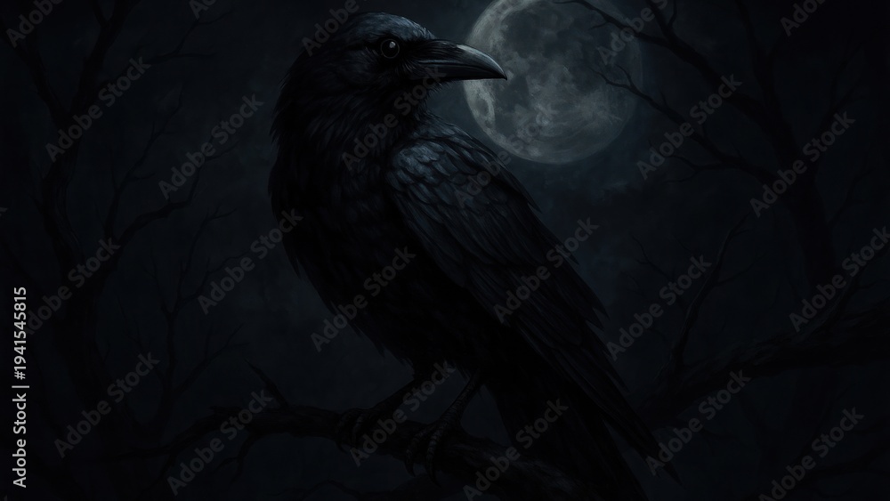 Fototapeta premium Raven perched under moonlight.