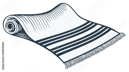 Stylized illustration of a rolled up striped rug with fringed edges on a flat perspective