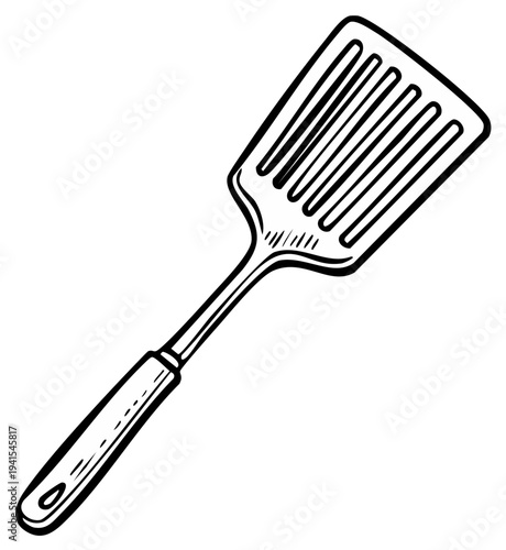 Hand Drawn Black and White Kitchen Spatula for Flipping Food Isolated on White Background