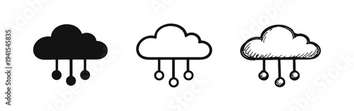 Cloud Services and Data Flow Icon Set in Solid, Outline, and Hand-Drawn Styles