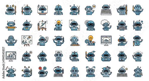 Set of diverse cartoon robot characters with various expressions and actions AI technology concept.