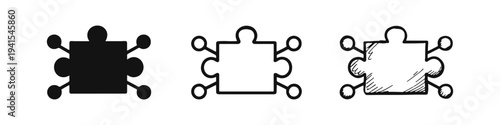 Modular Puzzle Piece Integration Icon Set in Solid, Outline, and Hand-Drawn Styles