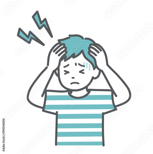 頭痛や発熱で苦しむ男の子（子供）のイラスト