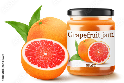 Glass Jar of grapefruit jam or marmalade isolated on white background. Bottle of citrus jam or juice. Grapefruit curd. drinks and food. Sweets. Toppings