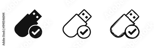 USB Drive Verified and Secure Data Icon Set in Solid, Outline, and Hand-Drawn Styles