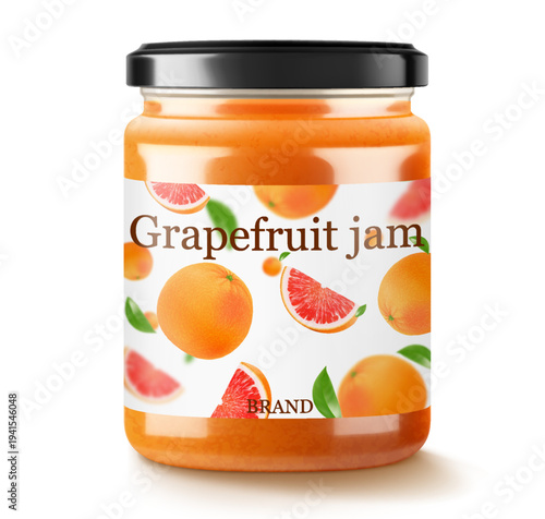 Glass Jar of grapefruit jam or marmalade isolated on white background. Bottle of citrus jam or juice. Grapefruit curd. drinks and food. Sweets. Toppings