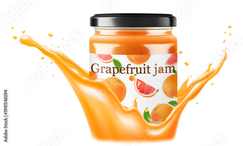 Glass Jar of grapefruit jam or marmalade isolated on white background. Bottle of citrus jam or juice. Grapefruit curd. drinks and food. Sweets. Toppings