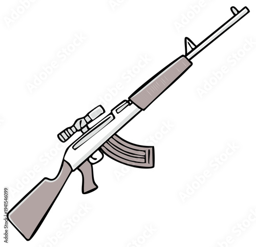 Stylized Automatic Rifle With Scope and Magazine Illustration Isolated