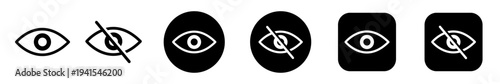 Eye and eye off icon set in outline and solid button styles. Visibility toggle symbols for show hide password, privacy control and view settings in app interface, login forms and web UI