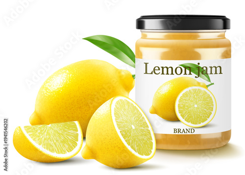 Lemon jam in glass jar and fresh lemons isolated on a white background. Glass of lemon marmalade design element. Lemon curd jar icon set. Realistic3d vector illustration.