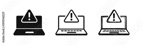Laptop Warning and System Error Icon Set in Solid, Outline, and Hand-Drawn Styles