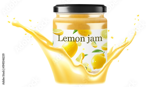 Jar with lemon jam in a splash of lemon juice isolated on white background. Glass of lemon marmalade design element. Lemon jam jar icon. Realistic 3d vector illustration. Mockup for your brand.