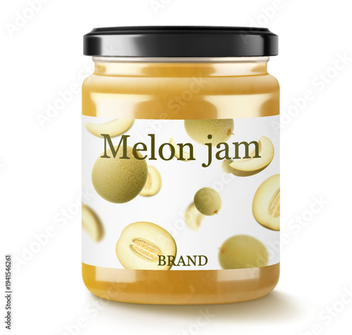 Glass jar with Melon jam or confiture, isolated on white background. Homemade fruit berry preserve, Drinks and food. Sweets. Toppings. Realistic 3d vector illustration