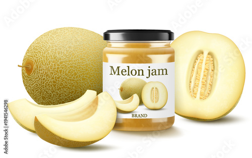 Glass jar with Melon jam or confiture, isolated on white background. Homemade fruit berry preserve, Drinks and food. Sweets. Toppings. Realistic 3d vector illustration