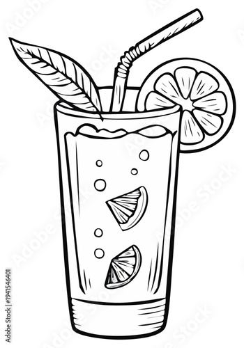 Refreshing citrus drink with straw and orange slice in tall glass hand drawn sketch