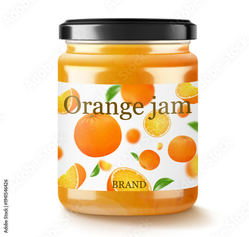 Glass Jar of orange jam or marmalade isolated on white background. Bottle of citrus jam or juice. Orange curd. drinks and food. Sweets. Toppings