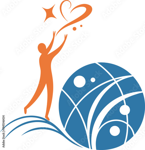 A person in orange releasing a stylized heart and star into the air with a blue globe