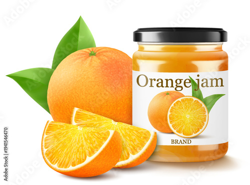 Glass Jar of orange jam or marmalade isolated on white background. Bottle of citrus jam or juice. Orange curd. drinks and food. Sweets. Toppings