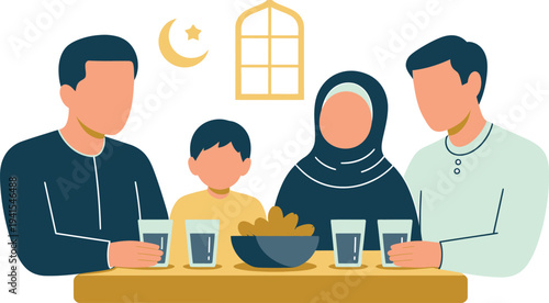 Happy muslim family ramadan kareem iftar celebration dinner traditional islamic culture vector