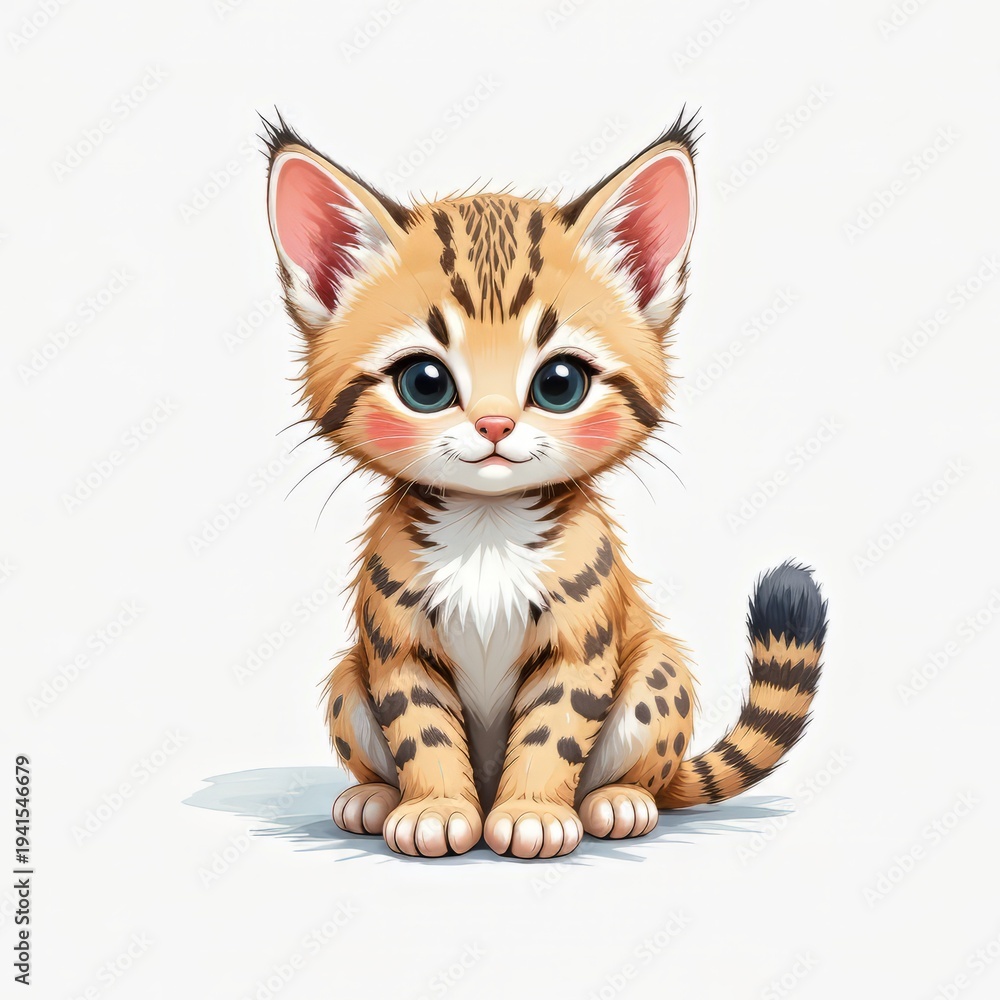 Fototapeta premium Adorable Baby Bobcat Clipart: Pastel Brushstrokes, White Background, Isolated Spring Illustration, Fluffy Cheeks, Tufted Ears, Short Tail