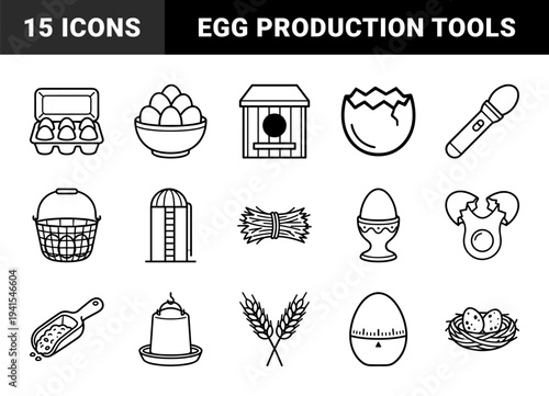 Poultry farming and egg production line art elements for agricultural branding. Minimalist monoline pictograms featuring chicken coop, hatchery, and organic harvest concepts.