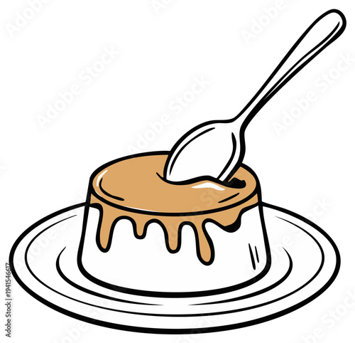 Cartoon dessert with caramel sauce and spoon on plate illustration