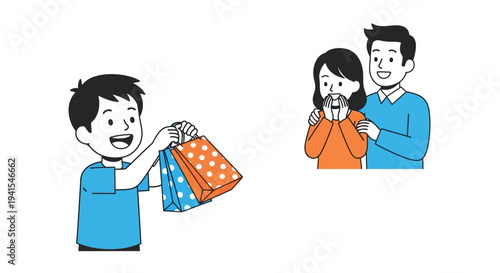 Cartoon Boy Holding Shopping Bags Smiling.