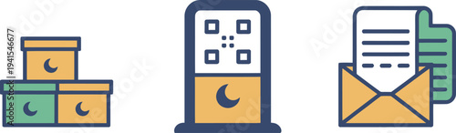 Islamic charity vector set with donation boxes, qr code kiosk and an envelope for giving