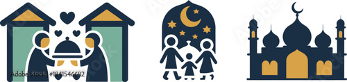 Islamic family and mosque icons for Ramadan and Eid celebrations, community gathering