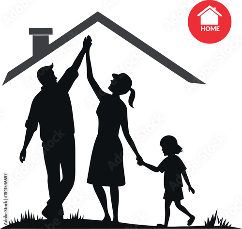 A happy family with a child high fiving under a house roof symbol