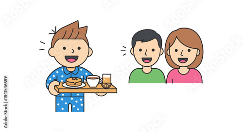 Cartoon Boy Serving Breakfast to Parents.