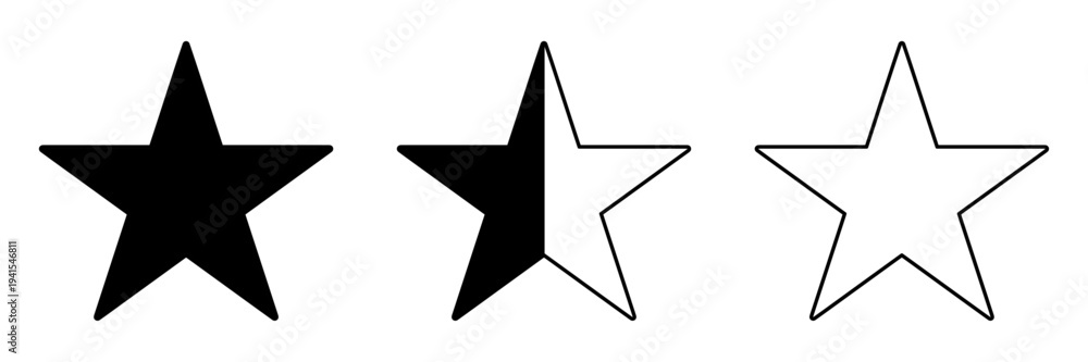 Obraz premium Star rating icon set in solid, half and outline styles. Favorite and review star symbols for feedback systems, scoring interfaces and website or mobile app UI design