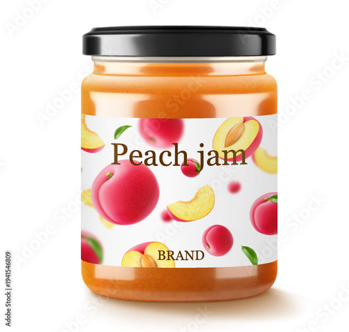 Glass jar with plum jam isolated on white background. Jar of marmalade from juicy blue plums. fresh fruits with leaves. Organic food. Label mockup for jam. Realistic 3d vector illustration