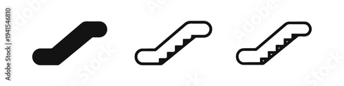 Escalator icon set in multiple styles, featuring solid, outlined, and hand-drawn moving staircase symbols.